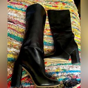 🌺Elegant black leather knee-highs, classic style, inner zip, 3.5" heel.🌺